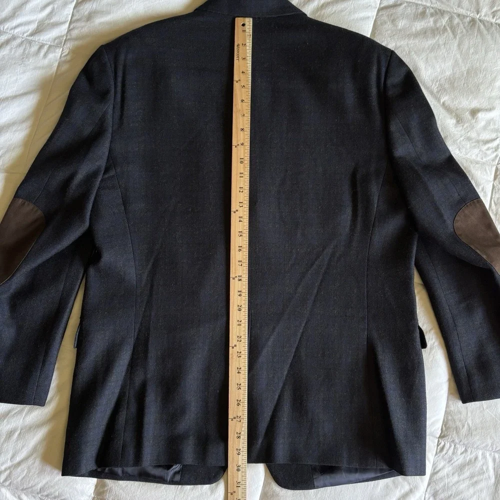 LRL Elbow Patch Blazer Sport Coat Men's 44R Wool Black Blue Check Dark Academia